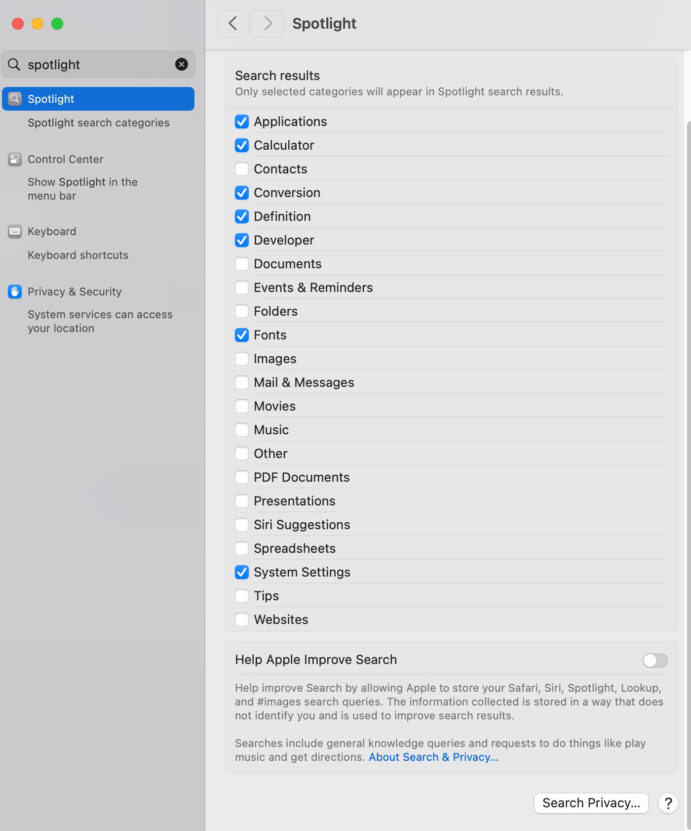 Spotlight Settings